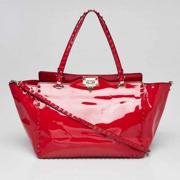 Valentino Patent Red Leather Rockstud Trapeze Medium Tote Bag - Picture 1 of 12